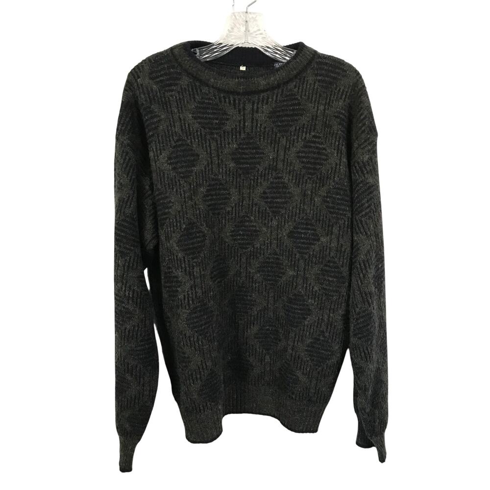 Vintage Sweater M Mens Wool Blend Made in Italy Charcoal Grey Geometric Knit